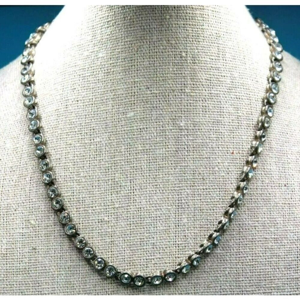 Vintage Silver/Platinum Tone‎ Clear Glass Bezel Insets Choker Necklace